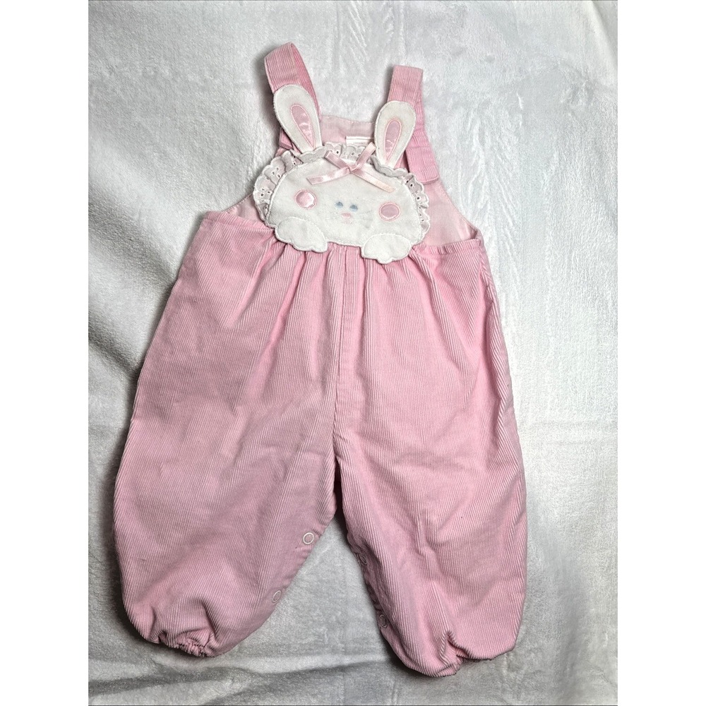 Vintage Pink Bunny Embroidered Corduroy Overalls 3-6 Month Baby Easter Cotton‎